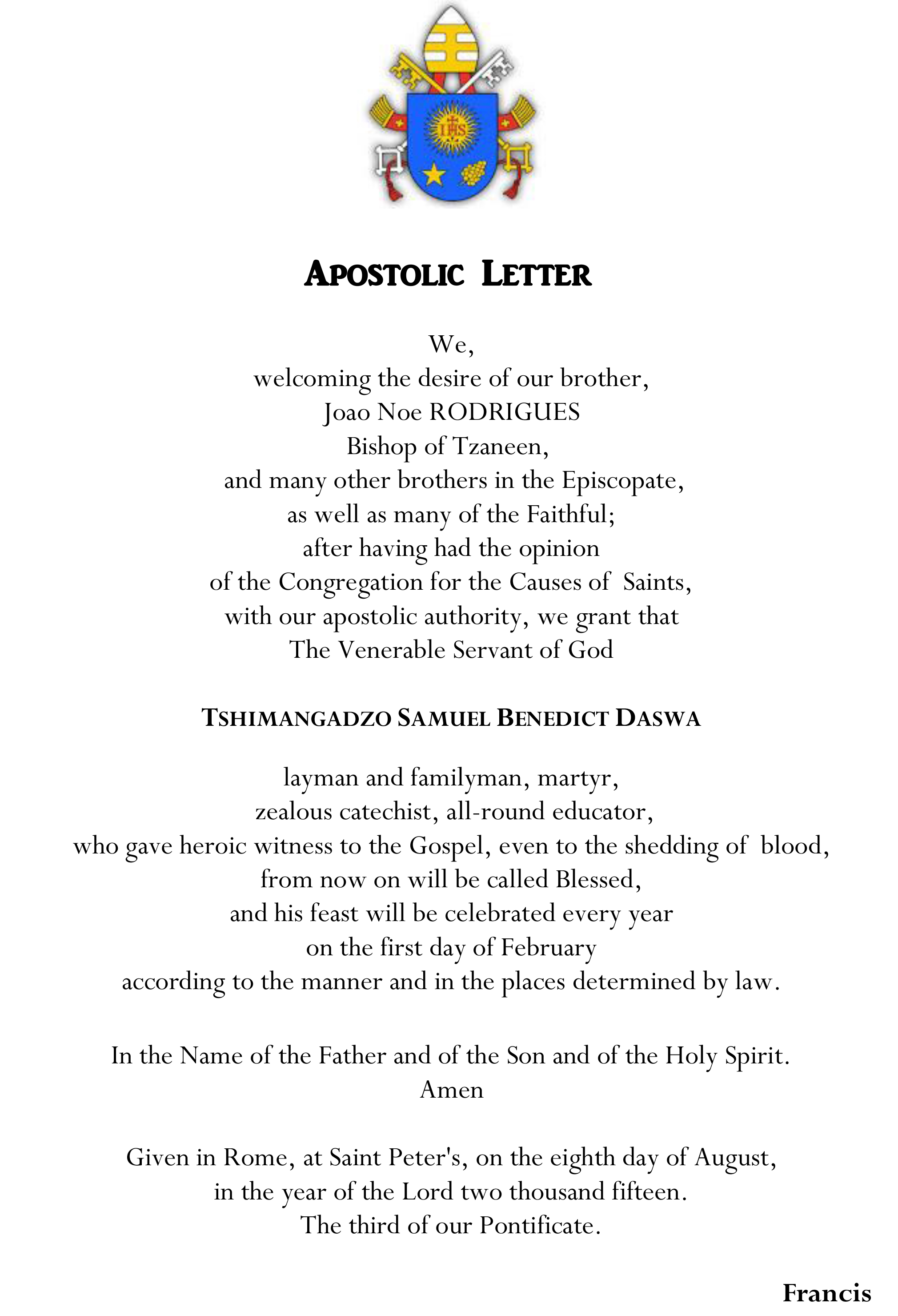 Apostolic Letter of Pope Francis MARTYR OF JESUS CHRIST